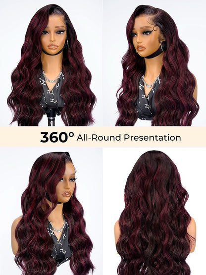 Highlight Red Burgundy Side Part Body Wave 13x6 Lace Frontal Human Hair Wig