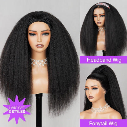 Half Wig Yaki Straight Drawstring Wigs Easy To Wear & Go 3/4 Flip Over No Glue