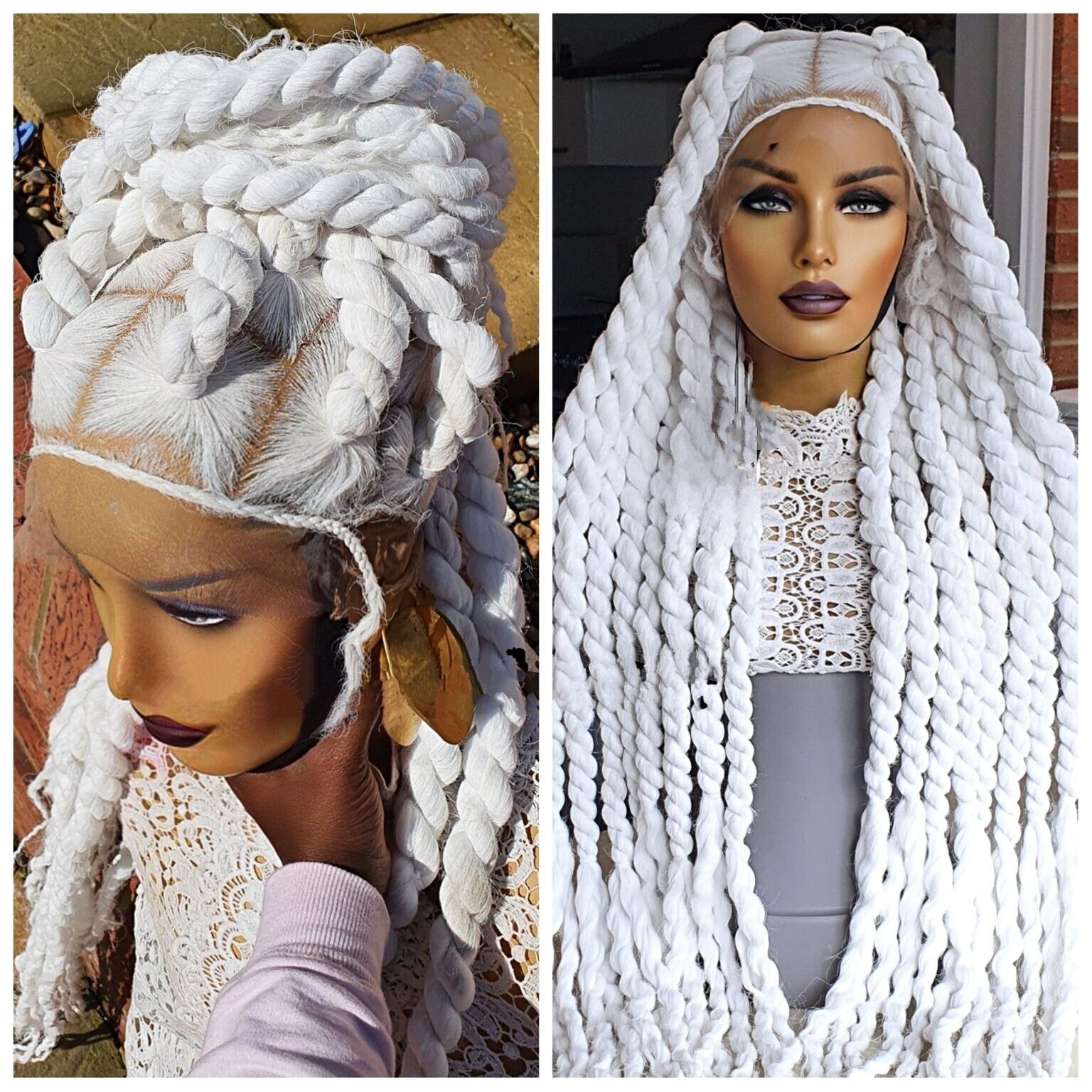 360 Full Lace Funmi Distressed White Chunky Twist Braided Wig 35inch Women UK