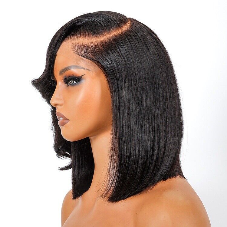 Human Hair Wigs Side Bang Layered Cut Wavy Bob Wig Glueless Women Wig UK