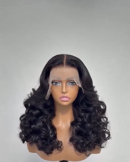 Pre Styled Layered Cut Bouncy Curly Human Hair Glueless 250% Full  Density Wig 