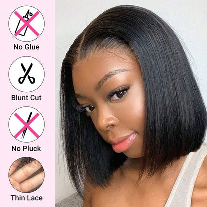 Human Hair Glueless Pre Cut Lace Ready To Wear Wig Straight Bob Wig Women UK