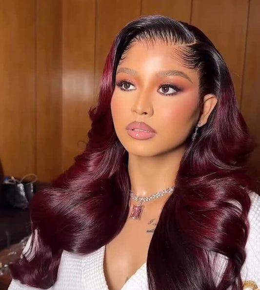 M Hairline Side Part #1B/99J Ombre Body Wave 13x6 Lace Frontal Wigs