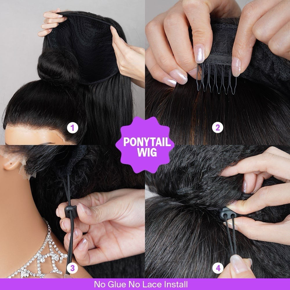 Half Wig Yaki Straight Drawstring Wigs Easy To Wear & Go 3/4 Flip Over No Glue