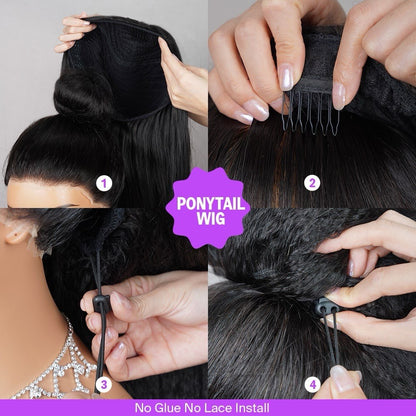 Half Wig Yaki Straight Drawstring Wigs Easy To Wear & Go 3/4 Flip Over No Glue