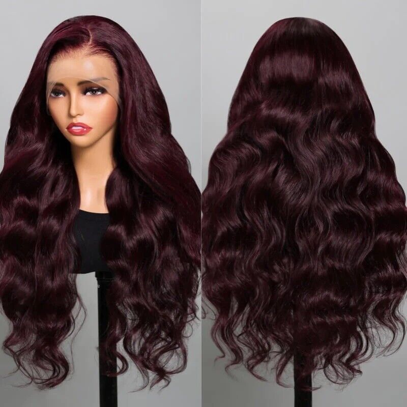 Women Human Hair Wigs Glueless Full Lace Front Dark Purple Wavy Long Wig UK