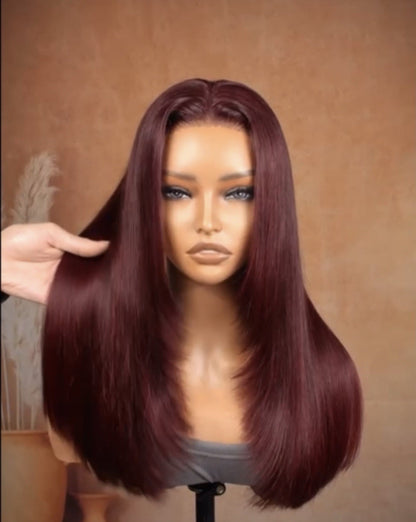 Glueless Layered Cut Bone Straight Dark 99J Human Hair HD Lace Wig