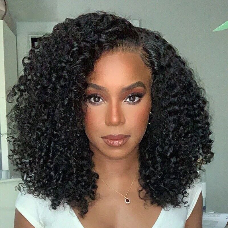 Womens Human Hair Wigs Glueless Full Lace Front Curly Short Wig UK