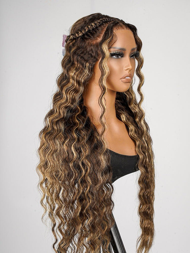 Glueless #P4/27 Color Highlight Wig Styled Crimped Wavy Front Wig