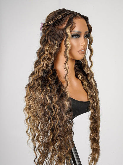 Glueless #P4/27 Color Highlight Wig Styled Crimped Wavy Front Wig