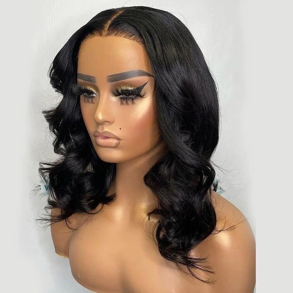 Womens Human Hair Wigs Glueless Wavy Short Full Lace Front Short Bob Wig UK