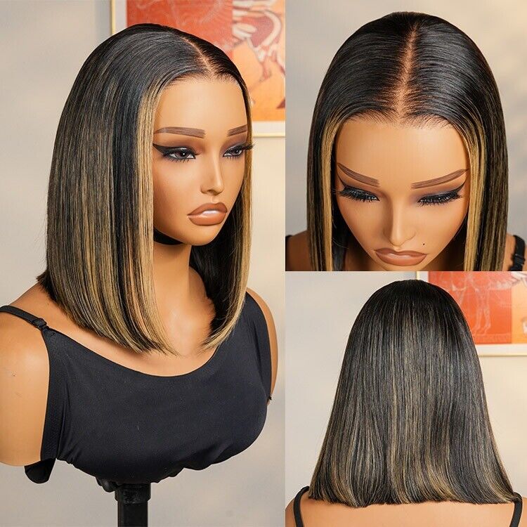 Blunt Cut Short Bob Human Hair Ready To Go Glueless Lace Front Wig