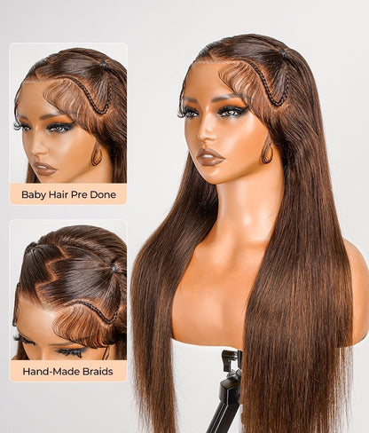 Glueless #4 Brown Pre Styled Zig Zag Part Frontal Wig Straight Lace Wig
