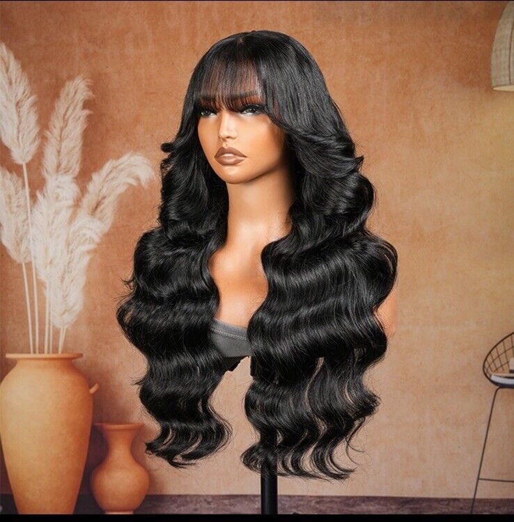 Human Hair Wigs Customised Glueless Wavy Full Density Lace Front Wig With Bangs