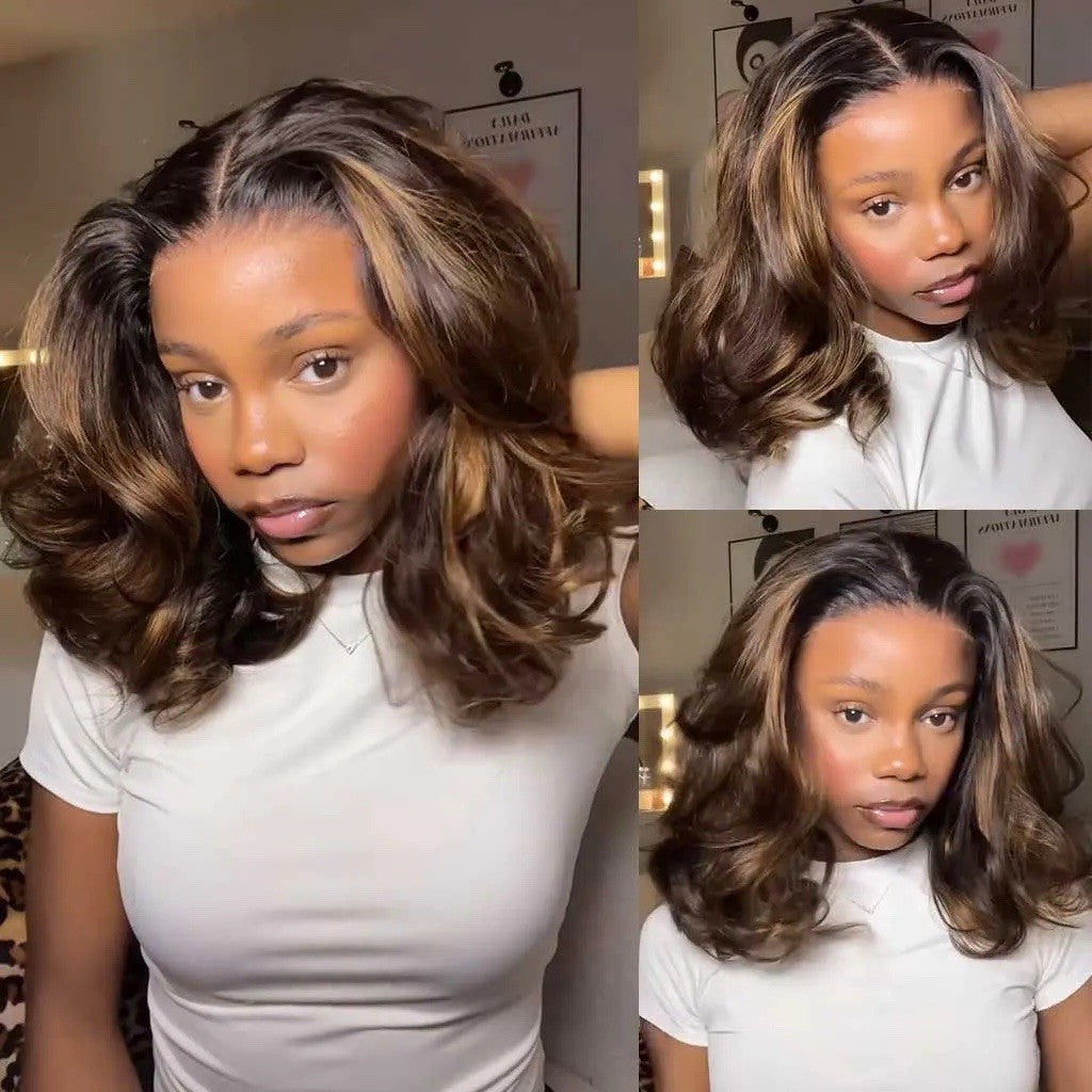 Highlight Brown Layered Cut Loose Wave Glueless Pre-Cut  Lace Wig 250% Density