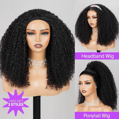 3 In 1 Half Wig Kinky Curl Wear & Go Drawsting Wig No Glue Need Clip In Seamless