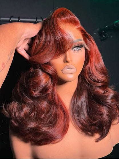 Layered Body Wave Ready To Go Wigs with Curtain Bangs Copper Red Highlight Ombre