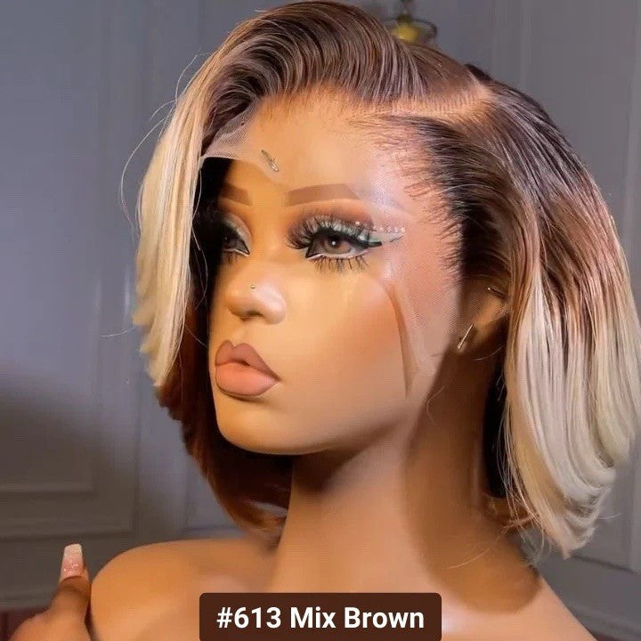 Raw Vietnamese SDD Layered Cut Lace Front Glueless Bob Wig 250% 613/Brown