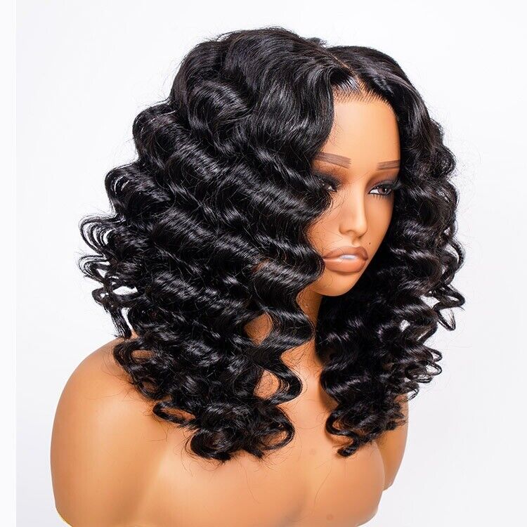 Glueless Ready To Wear Human Hair Wigs Lace Front Wand Curl Short Wig Women UK