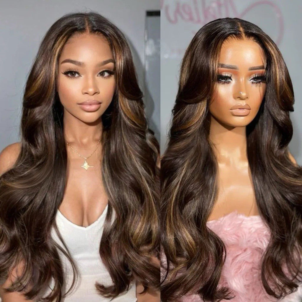 Highlight Wavy Hair Honey Brown 6×5 Glueless HD Lace Front Wigs 250%
