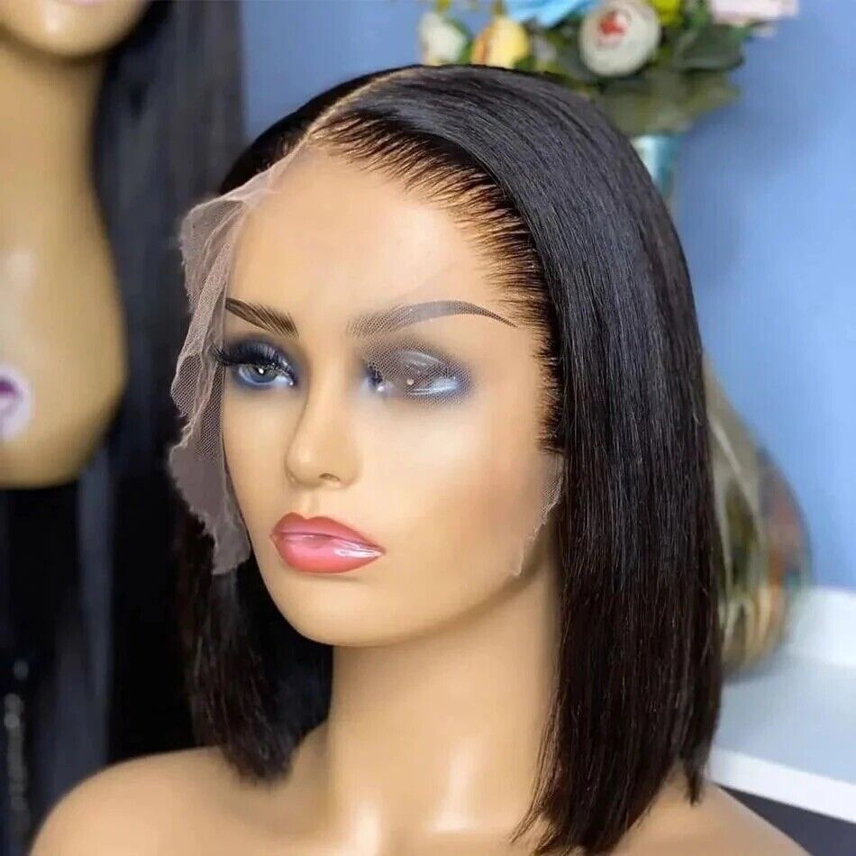 Women Human Hair Wigs Straight Short Full Invisible Crystal Lace Front Wig UK