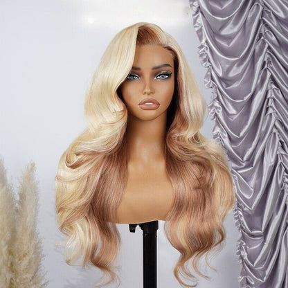 Glueless Blonde And Flaxen Brown Ombre  Human Hair Lace Front Wig 250% Density