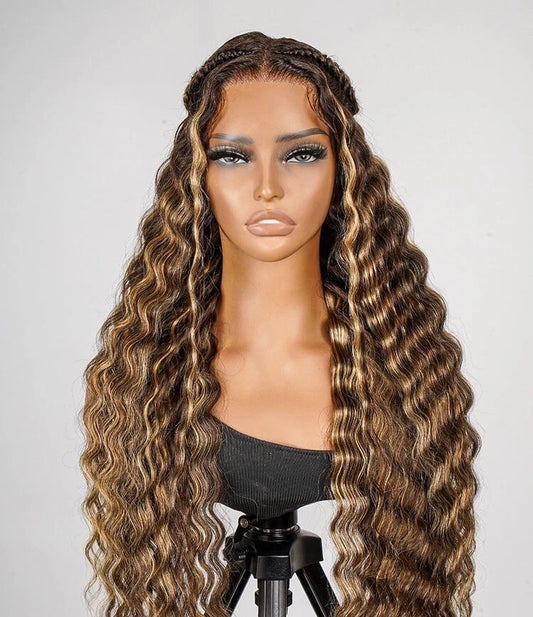 Glueless #P4/27 Color Highlight Wig Styled Crimped Wavy Front Wig