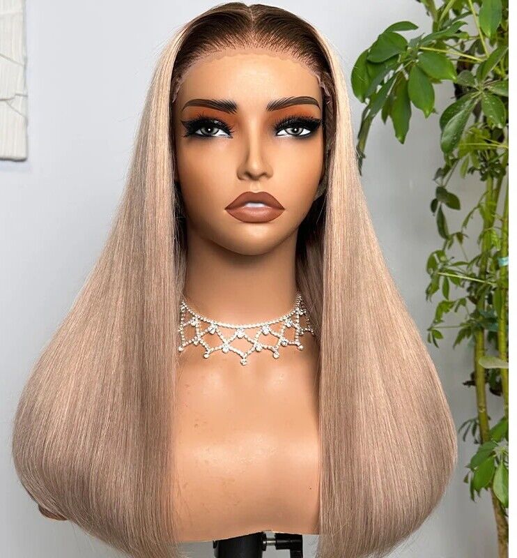 Human Hair Wigs Glueless Women Lace Front Straight Wear And Go #Ombre Blonde UK