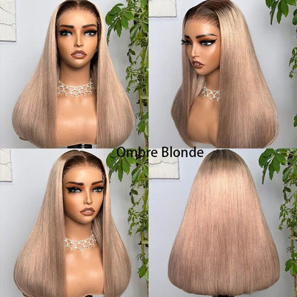 Human Hair Wigs Glueless Women Lace Front Straight Wear And Go #Ombre Blonde UK