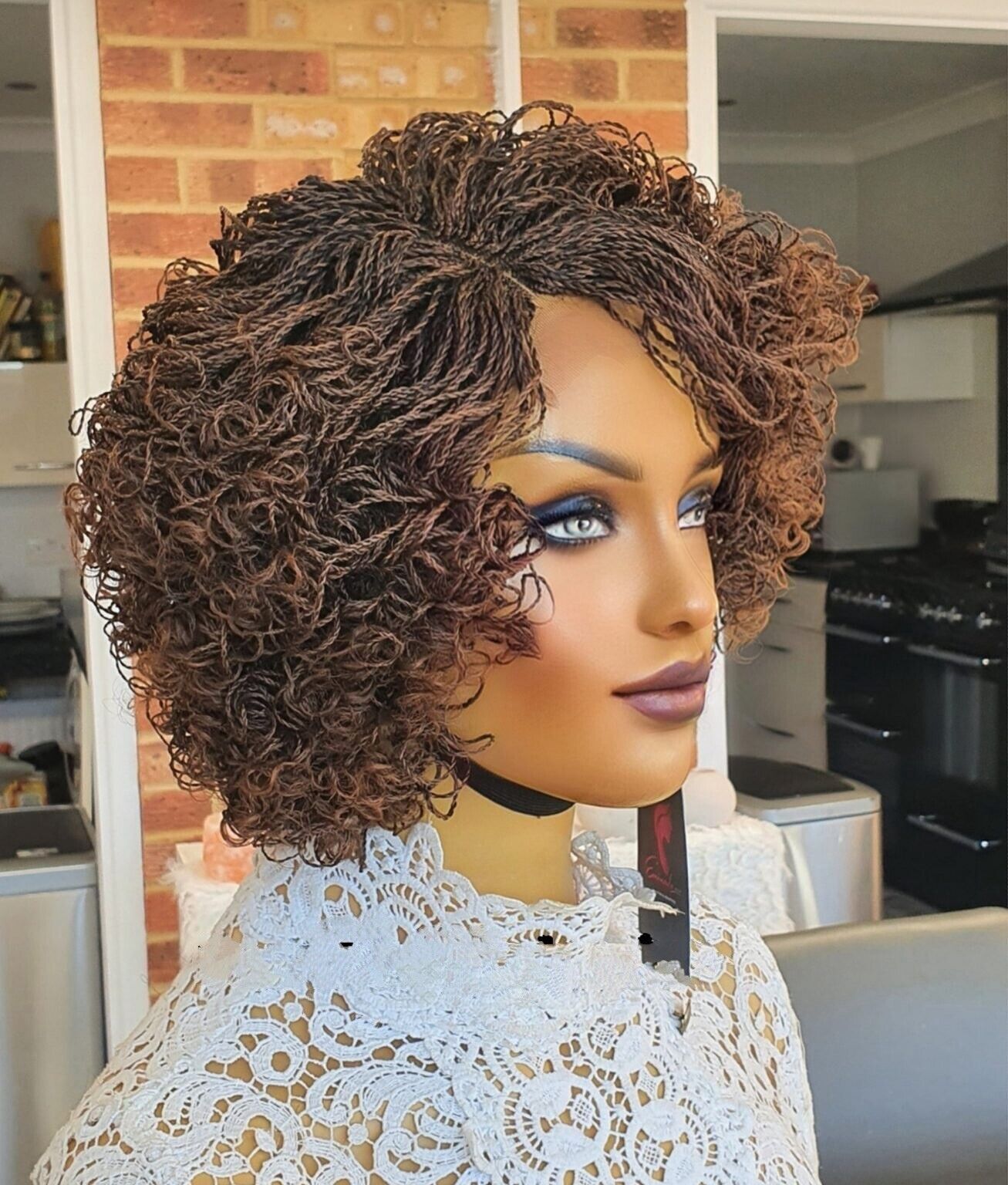 Braided Wigs Fusion Brown Mix Curl Lace Front Short Bob Twists Women Wig UK