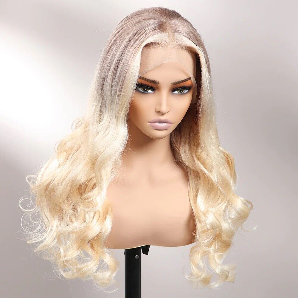 UK Women Full Wig Blonde Human Hair Wavy And Wavy Full Lace Front Long Wigs.