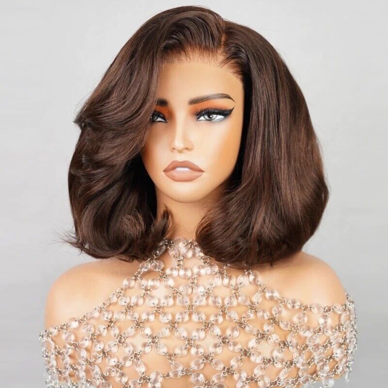 Women Human Hair Wigs Full Wavy Glueless Wear Go Lace Front Short Bob Wig UK