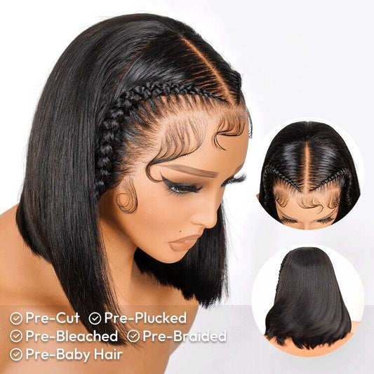 Human Hair Wigs Glueless Pre Styled Braided Ready To Wear Lace Front Bob Wig