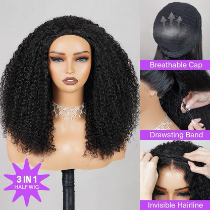 3 In 1 Half Wig Kinky Curl Wear & Go Drawsting Wig No Glue Need Clip In Seamless