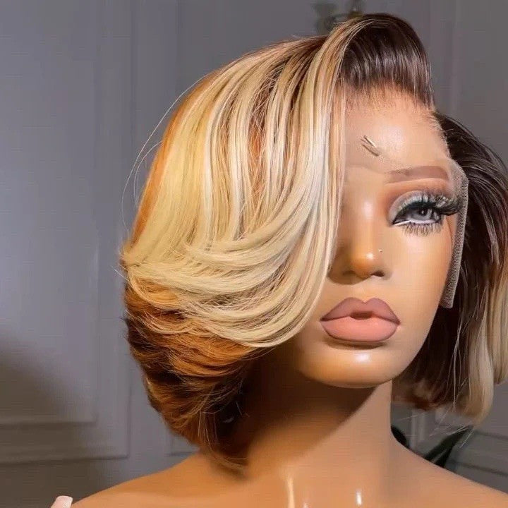 Raw Vietnamese SDD Layered Cut Lace Front Glueless Bob Wig 250% 613/Brown