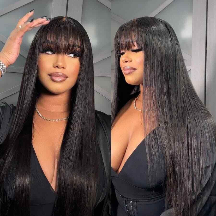 Womens Human Hair Wigs Glueless Lace Front Straight Long Wig With Bangs 210% UK