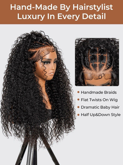 250% Density Human Hair Box Braids Wig With Flat Twists 13×6 Water Wave Wig