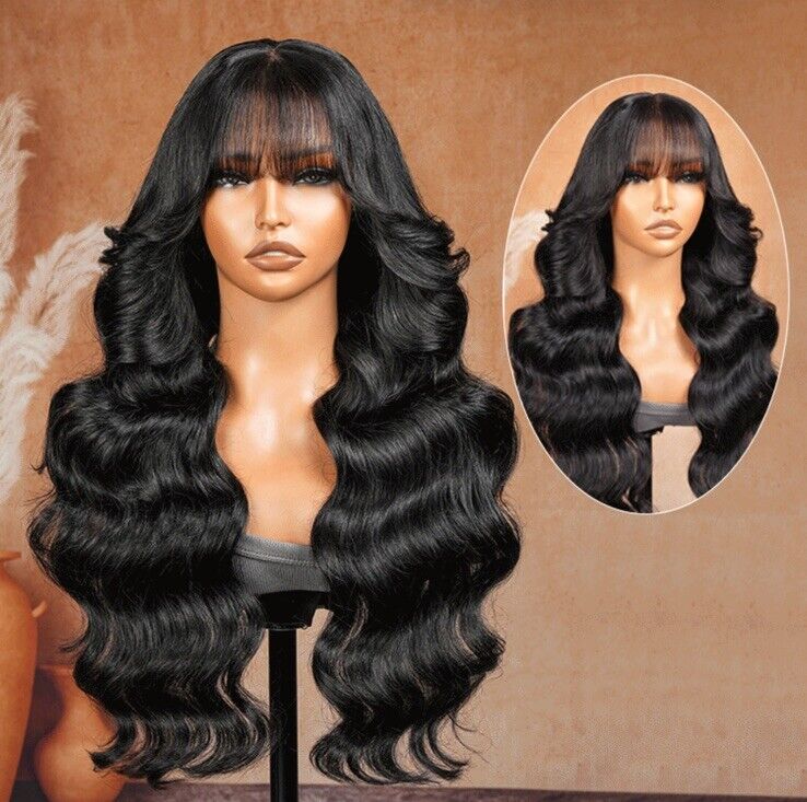 Human Hair Wigs Customised Glueless Wavy Full Density Lace Front Wig With Bangs