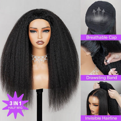 Half Wig Yaki Straight Drawstring Wigs Easy To Wear & Go 3/4 Flip Over No Glue