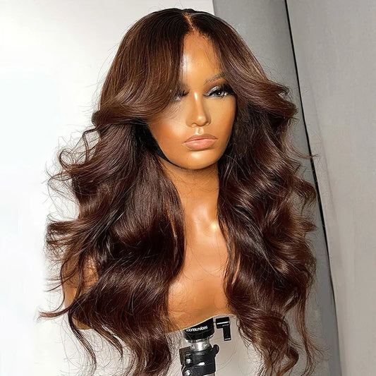 Chocolate Brown Body Wave With Curtain Bangs Wig Glueless 6×5 Pre-Cut Lace Wig