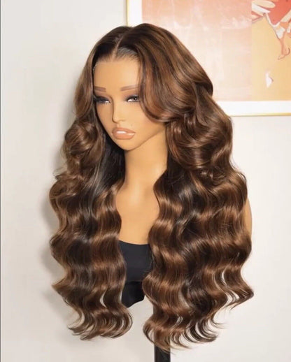 Human Hair Wigs Caramel Balayage Highlight Wavy Glueless Frontal Wig 250%