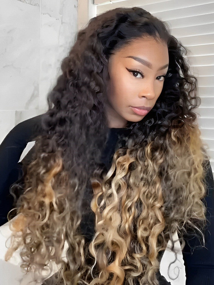 Luxury Ombre Honey Blonde Human Hair Glueless Curly  Wave Wig 250% Full Density 