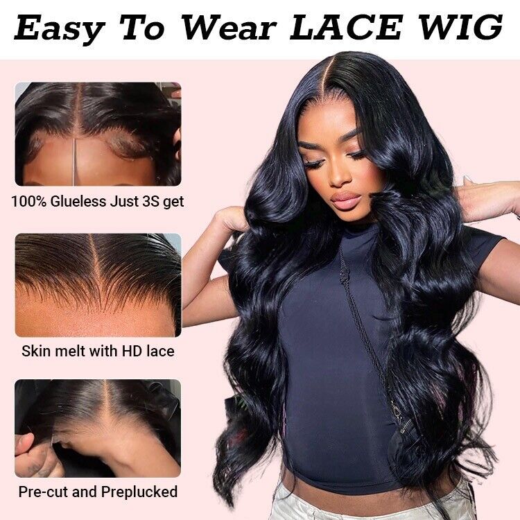 Human Hair Glueless Pre Cut Lace Ready To Wear Wig Body Wave Women Wigs UK 250%