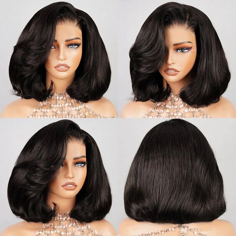 Women Human Hair Wigs Full Wavy Glueless Wear Go Lace Front Short Bob Wig UK