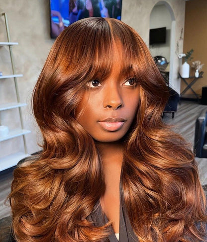 Pre-Everything Glueless Wig With Bangs Loose Wave Cinnamon Brown 250% Density 