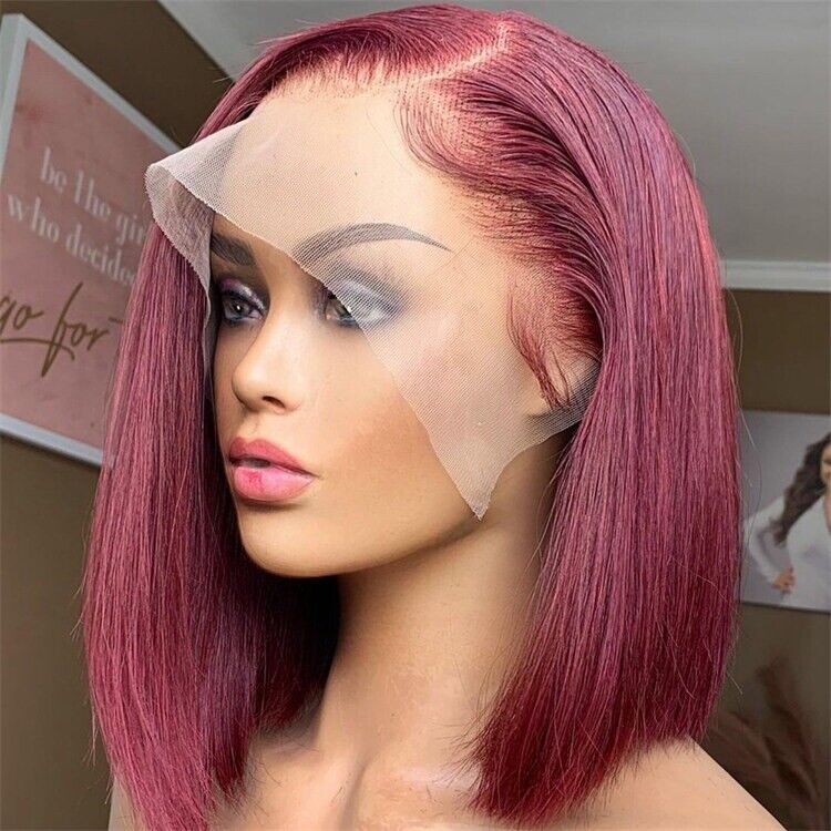 Women Human Hair Wigs Straight Short Bob Full Lace Front Wig UK 99J