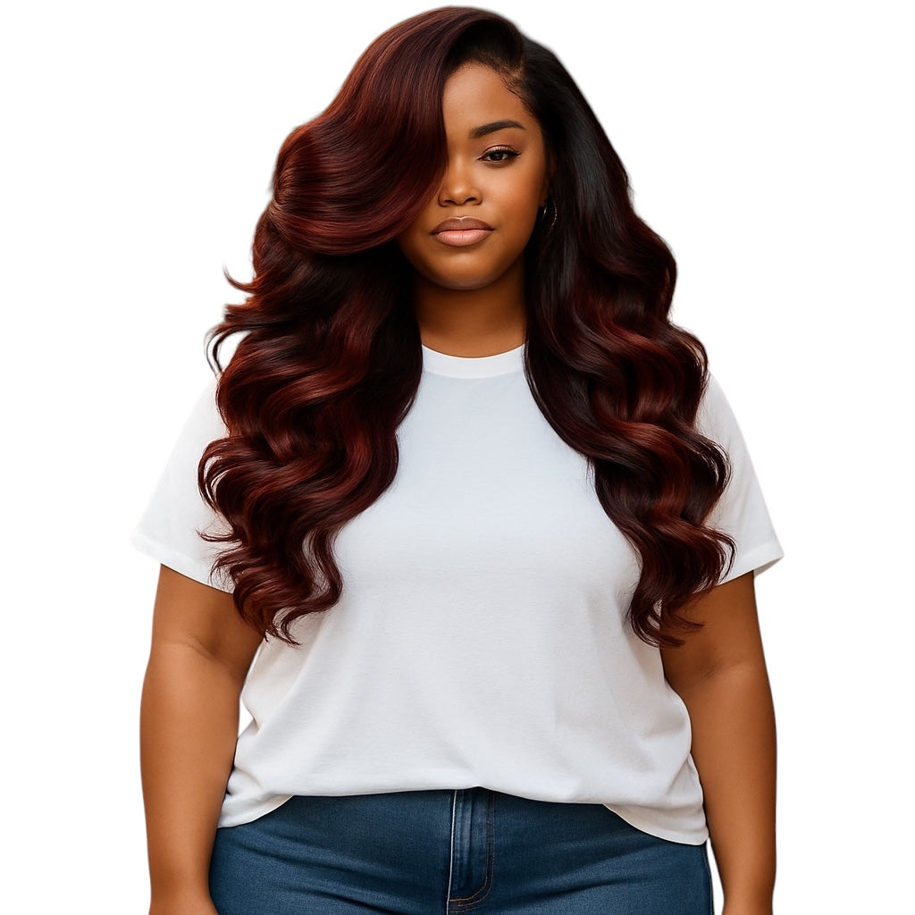 Single Donor Raw Vietnamese Human Hair Glueless Cherry Cola Red Highlight Layered Cut 250% Density Wig