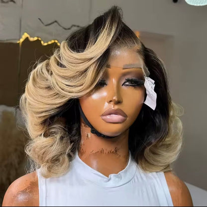 Raw Vietnamese Layered Cut Lace Front Glueless Bob Wig 1B Ombre Blonde 5*5 Lace Front With Natural Hairline 250% Density
