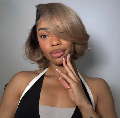 Raw Vietnamese Layered Cut Lace Front Glueless Bob Wig Ash with Brown Roots 13*6 Lace Front With Natural Hairline 250% Density
