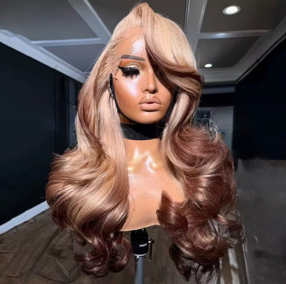 Pre Styled Layered Cut Ombre Mocha White Chocolate Brown 13x4 Transparent Lace Frontal Human Hair Wig For Women Pre Plucked With Side Curtain Bangs 250% Density